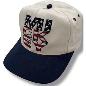 Vintage Disney Store Mickey Mouse USA Flag Hat Leather Strapback Navy White Cap